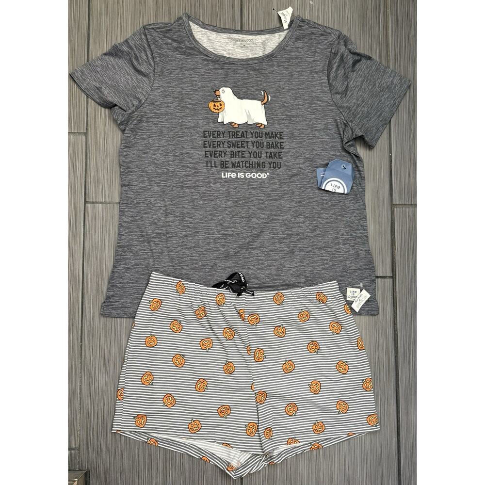 Life Is Good Women’s Pajama Short Set Gray Size Medium Ghost Dog Halloween